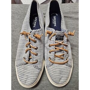 Sperry Top-Sider Womens 9.5 M Blue White Stripe Boat Shoes Leather Lace Sneakers
